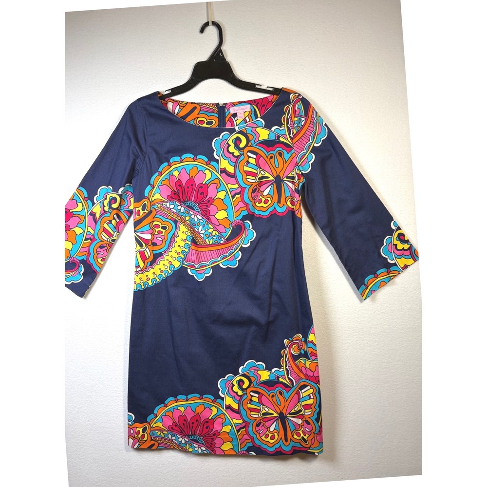Lilly Pulitzer Shift Dress Womens 6 Navy Blue Excellent Butterfly Paisley Print